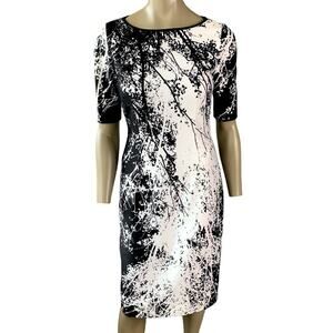 Tahari ASL Shift Dress Stretchy Short Sleeve Size 4 Black White Trees Print